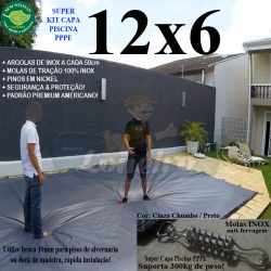 Capa para Piscina Super M: 12,0 x 6,0m PP/PE Cinza/Preto Cobertura Proteção +84m+84p+5b